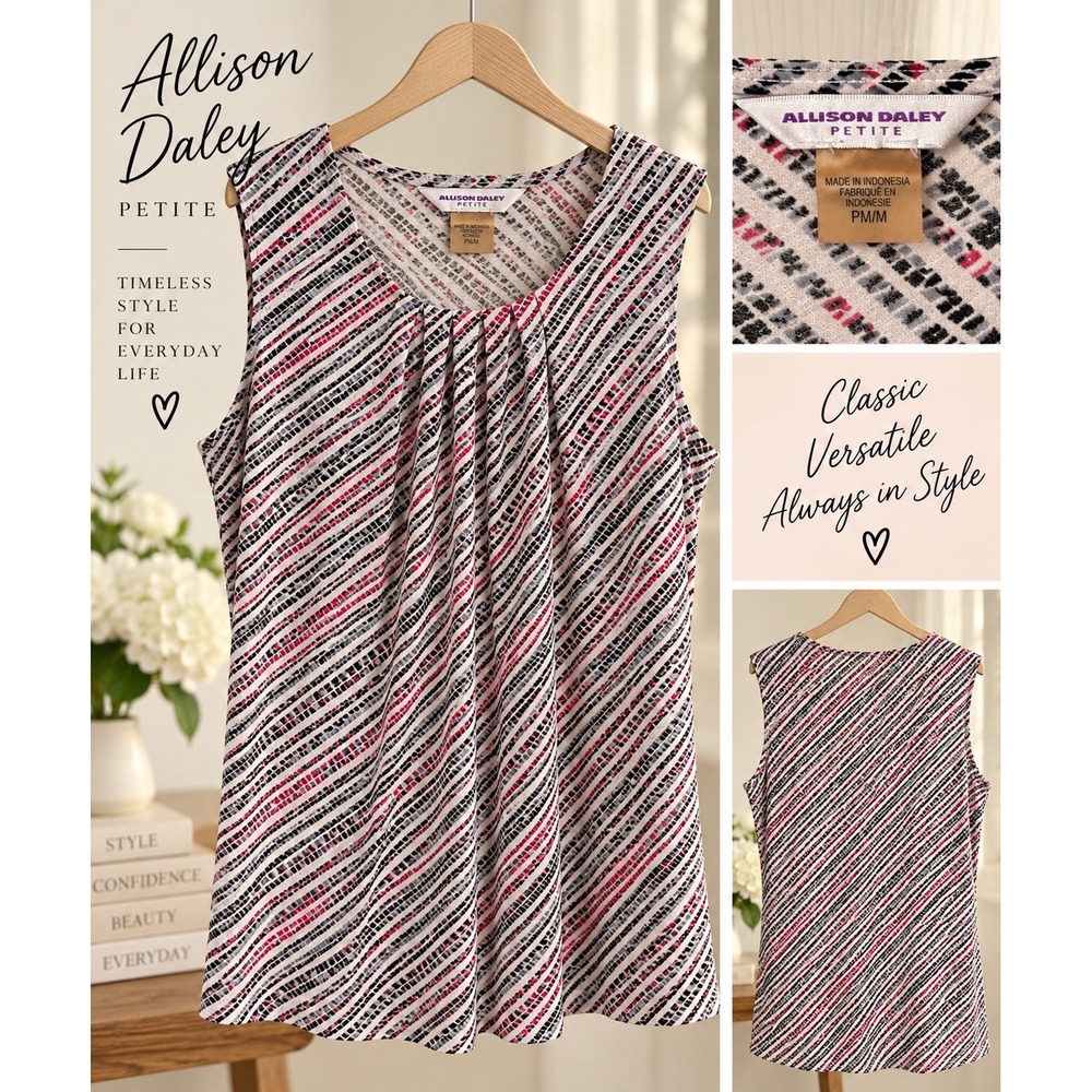 Allison Daley Petite Sleeveless Pleated Neck Blouse Pink Black Geometric PM/M